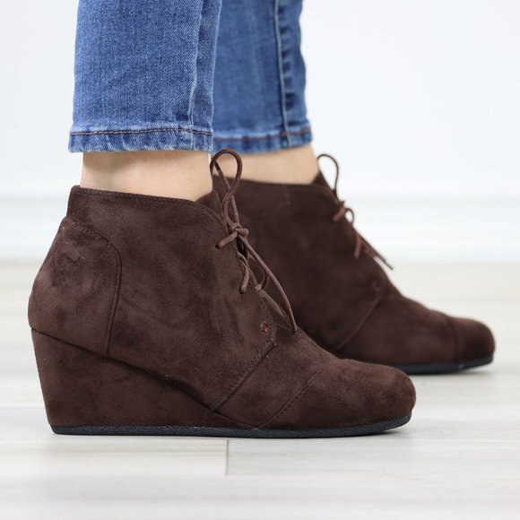 Shoes - Brown Ankle Boots Wedge Heel Faux Suede Round Toe Lace Up